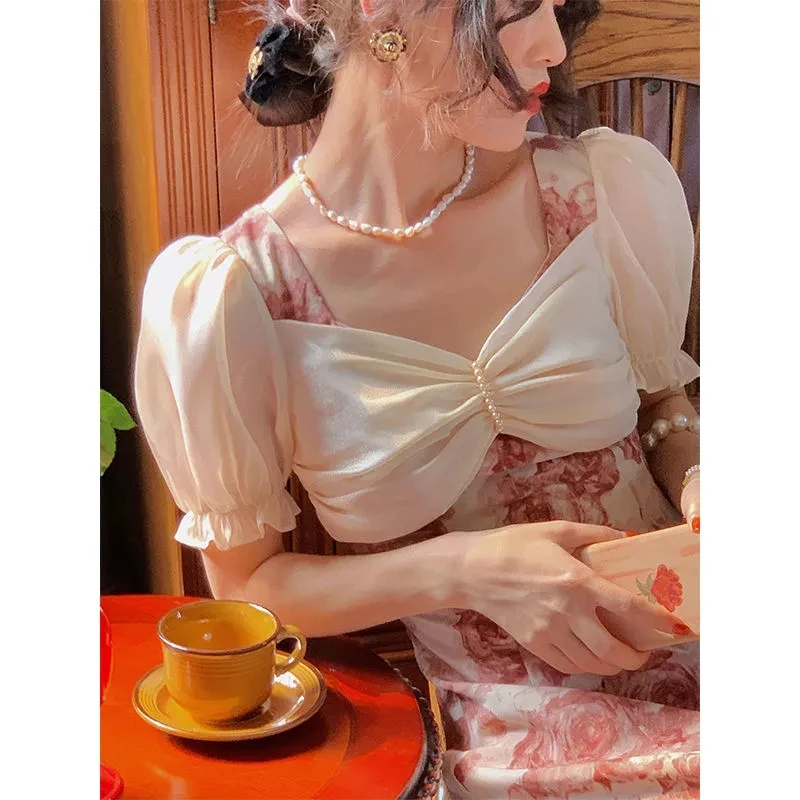 

Niggeey Korean Fashion Summer Chiffon Dress Floral Puff Sleeve Elegant Dresses For Women Vintage Dress One Pieces Ladies