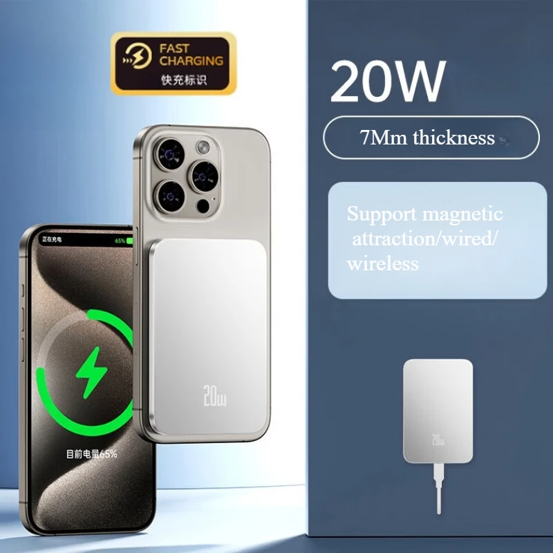 Фото Новинка 2023 года, ультратонкое магнитное зарядное устройство Powerbank из сплава, беспроводное быстрое зарядное устройство для iPhone 15 14 13, резервная батарея для Magsafe №1