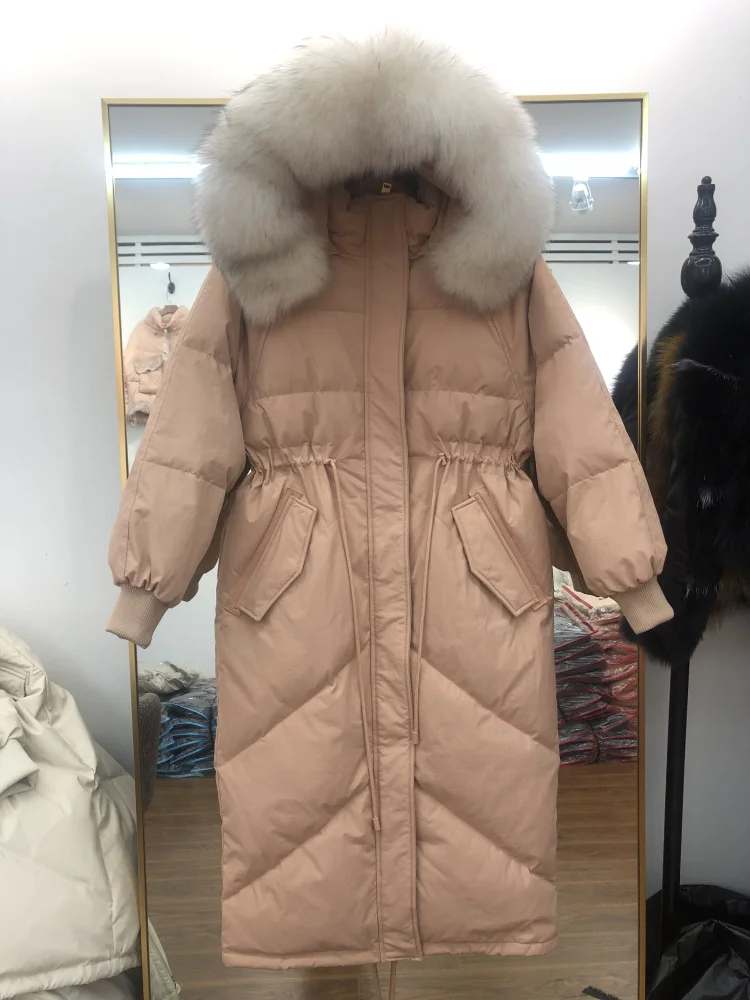 2023 Luxury Large Fox Fur Hoodie Down Coat for Women Windbreaker Maxi Long Parkas Female Thick Warm Cloth Jacket Black Pink