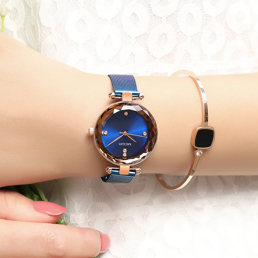 Часы MEGIR женские кварцевые со стальным сетчатым браслетом роскошные