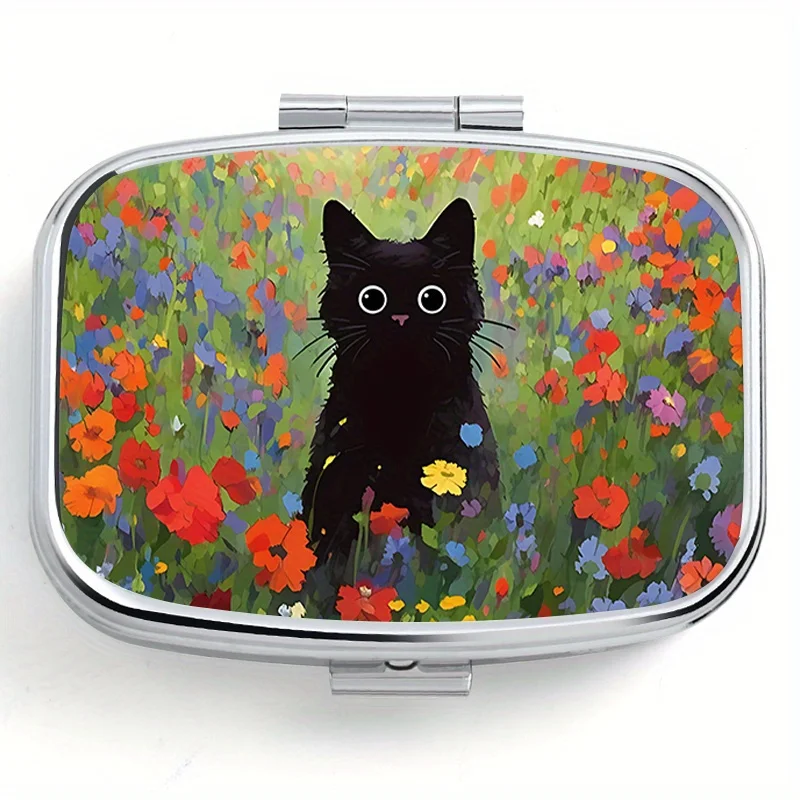 Контейнер для лекарств очаровательный черный кот с цветочным узором-компактный