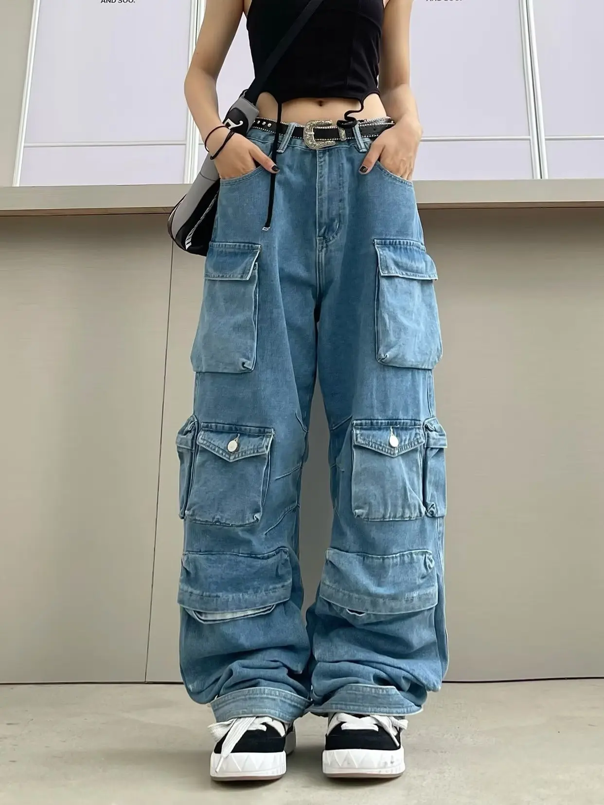 Y2K Women Blue Streetwear Techwear Cargo Work Harajuku Straight Casual Pants Sweatpants Wide Leg Joggers Washed Trousers Clothes