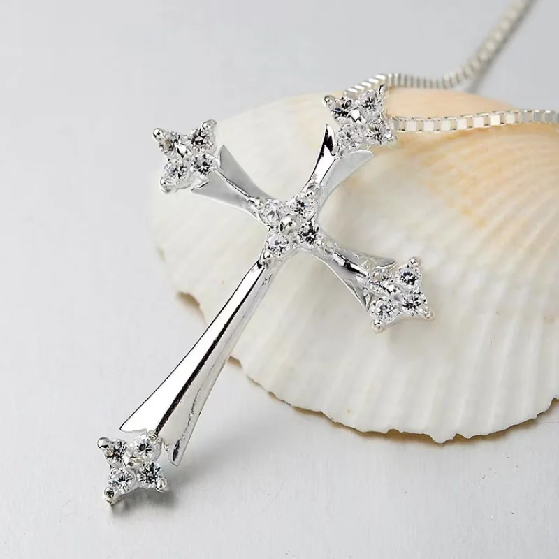 

Shiny Inlaid White Zircon Cross Faith Necklace Pendant For Women Wedding Engagement Silver Necklace Jewelry Gift