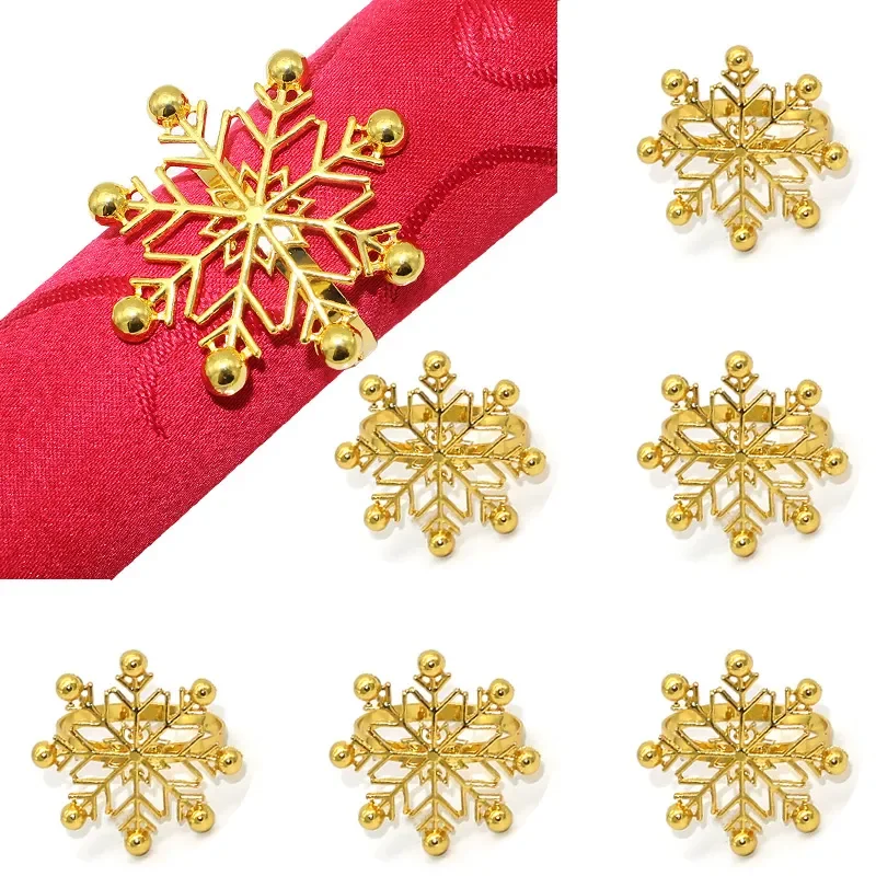 

New 6PCS Gold Snowflake with Bead Napkin Ring Exquisite Metal Christmas Napkin Holder Winter Dining Table Decoration For Xmas