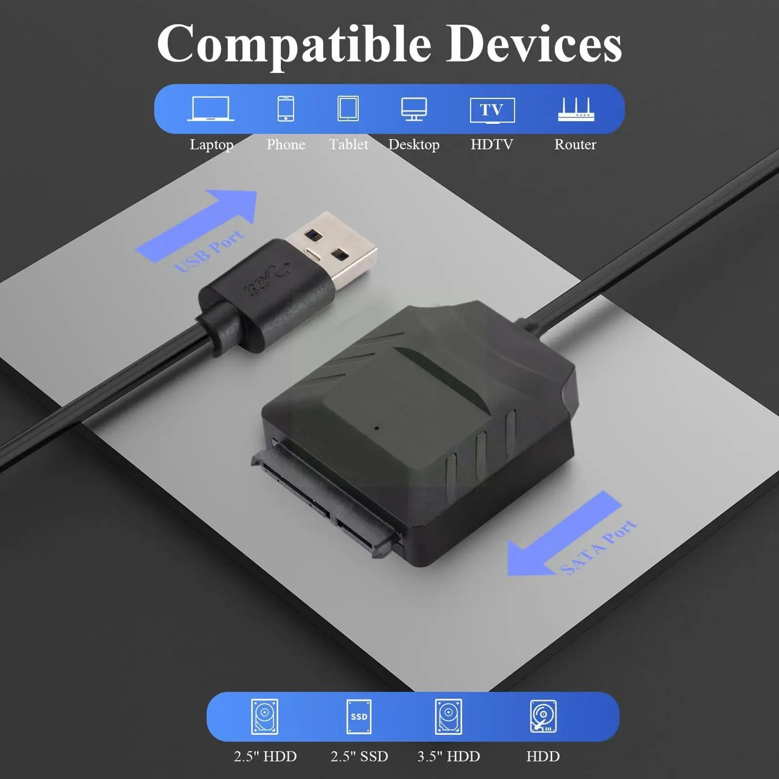 

Кабель-переходник USB2.0 на SATA, кабель-конвертер 22pin для жесткого диска и твердотельного накопителя 2,5 дюйма, для твердотельных дисков W8V0