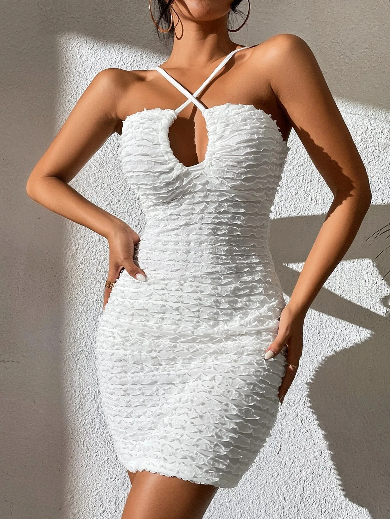 

Women Backless Ruffles High Waist White Party Slim Bodycon Mini Dress Sleeveless Evening Summer Spring Sexy Dress