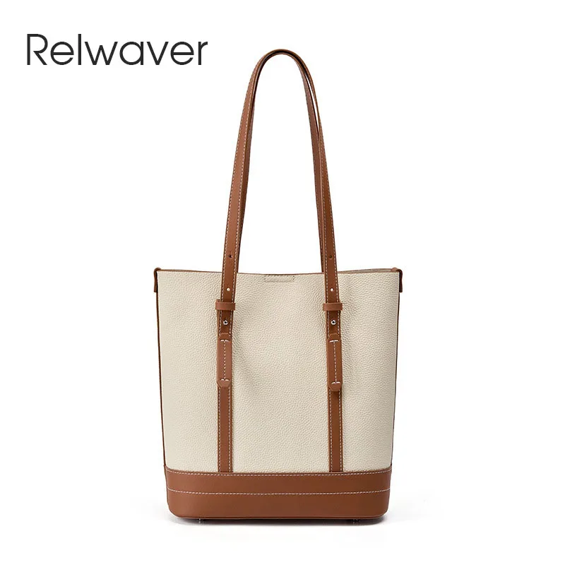 

Relwaver women tote bag genuine leather shoulder bag contrast color women bag 2023 autumn winter big capacity bucket female bag