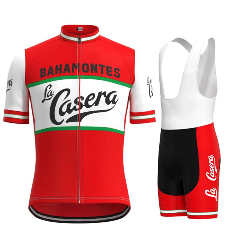 

Bahamontes - La Casera Men's Red Short Sleeve Orange Retro Cycling Jersey For Summer Racing Uniform Bib Shorts Set