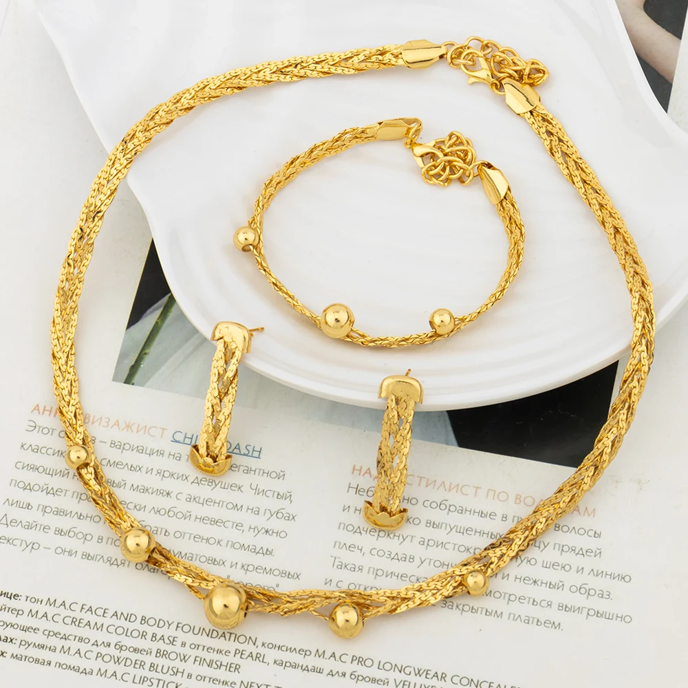 

African Braided Chain Necklaces Ethiopian Vintage Bracelets Earrings Jewelry Sets for Women Dubai Luxury Gold Color Jewelry Sets