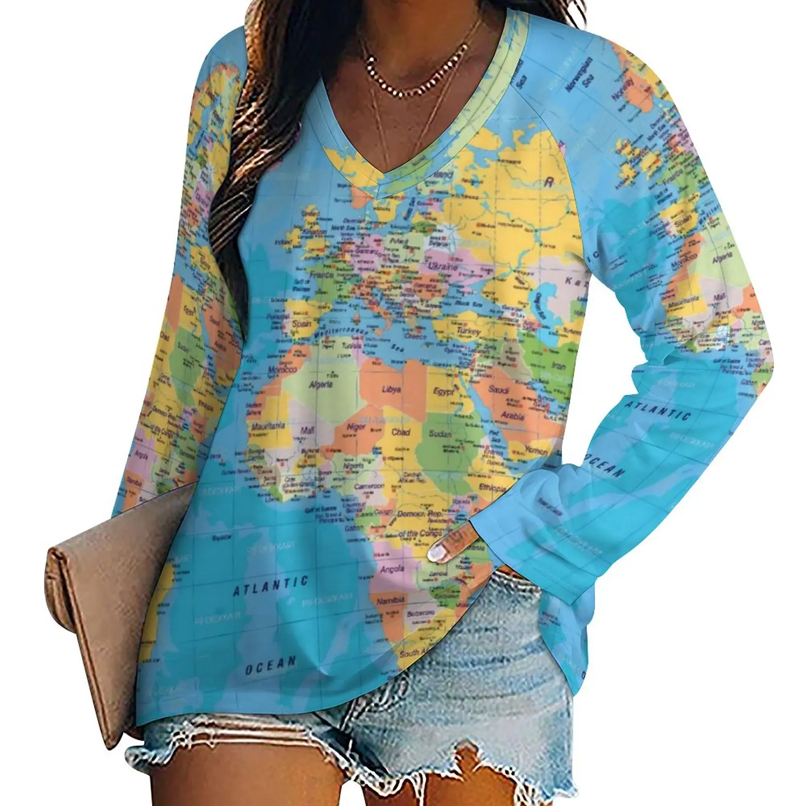 

Earth Map T-Shirt World Maps Print Trendy Long Sleeve T Shirts Casual Loose Oversized Tee Shirt Women Tops Birthday Present