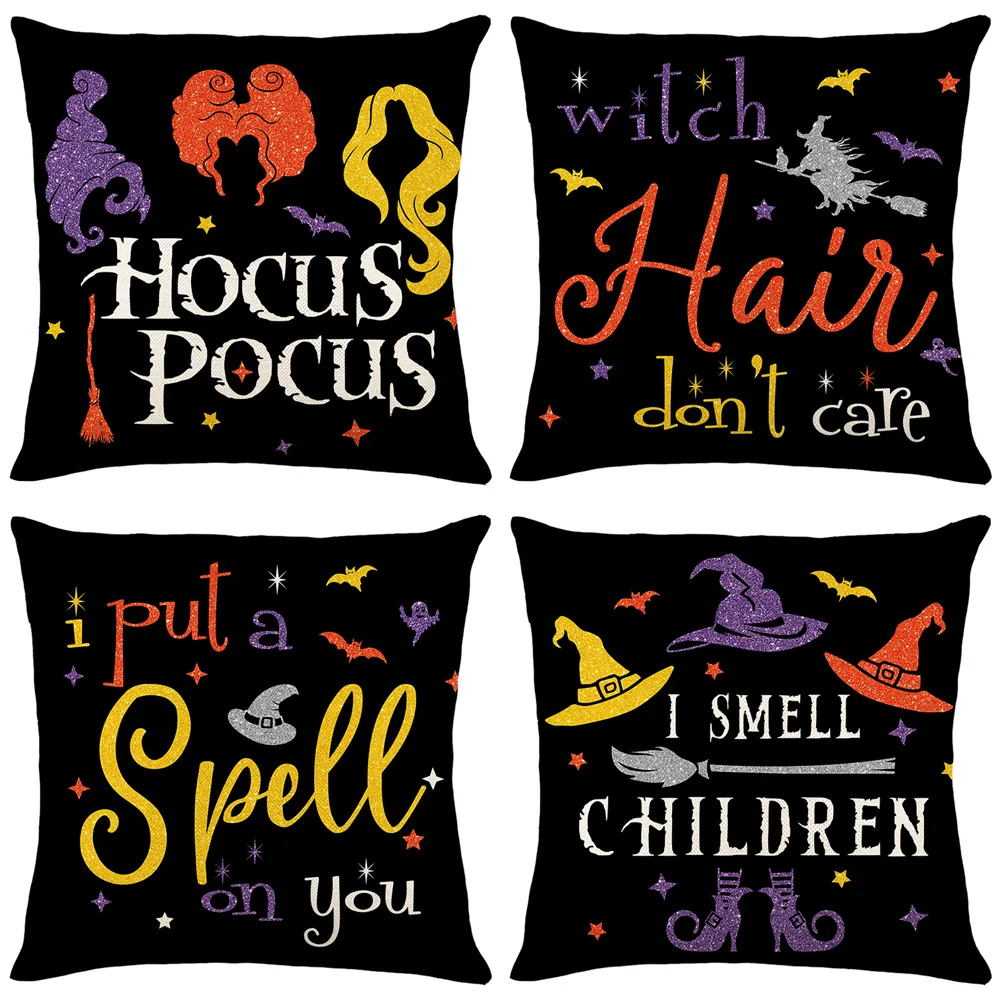 

Happy Halloween Decorative Cushion Cover 18x18 Inches Linen Throw Pillow Cover Wizard Witch Print Pillow Case Halloween Gifts