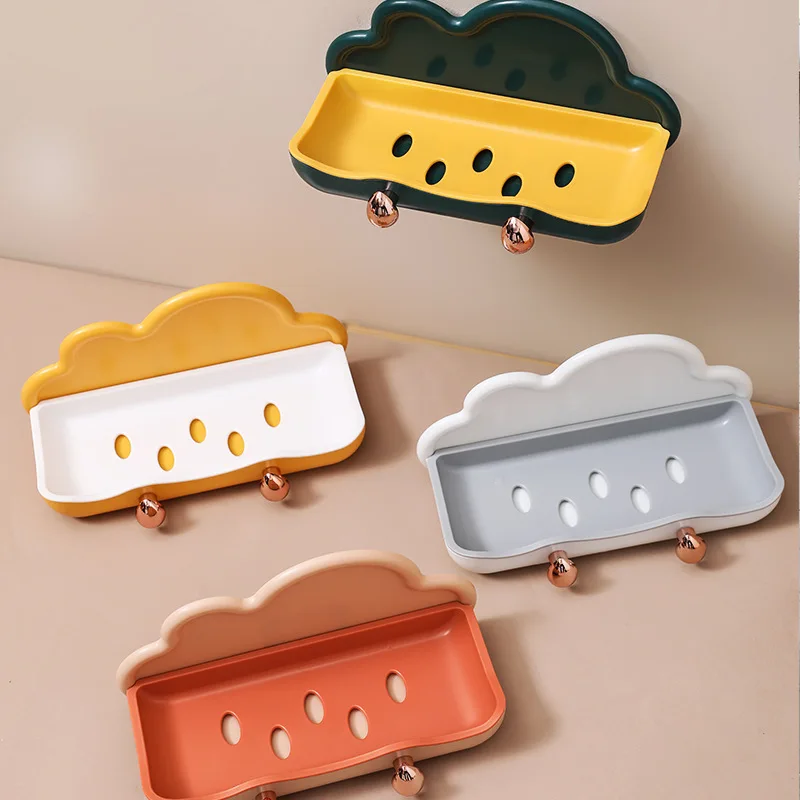 

Wall Mounted Bathroom Soap Dish Holder Kitchen Sponge Storage Shelf Plastic Self-adhesive Soap Box Basket Rack Home Organizer