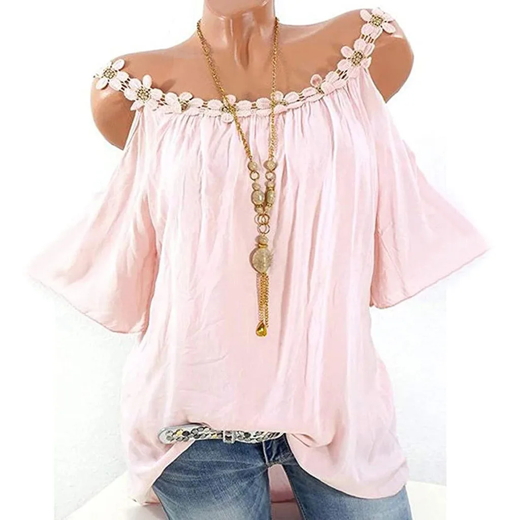 

Sexy Woman Off Shoulder Top Shirt Summer Pink Black Short Sleeve Shirts Casual Plus Size Oversized T-shirt