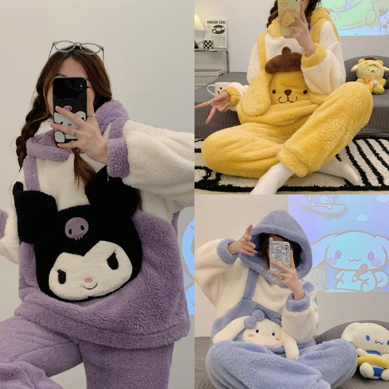 

Cartoon Kawaii Pajamas Girl Sanrio Pom Pom Purin Autumn Winter Home Service Suit New Thickened Warm Coral Plush Flannel Cardigan