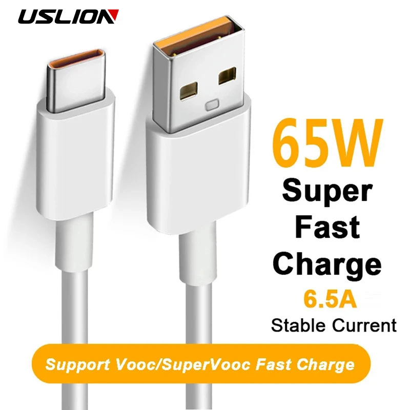 

USLION 65W Type C Cable For Realme GT2 V20 Samsung Phone Cables 6.5A Vooc Super Fast Charge For OPPO Reno8 Find X5 Pro Cable