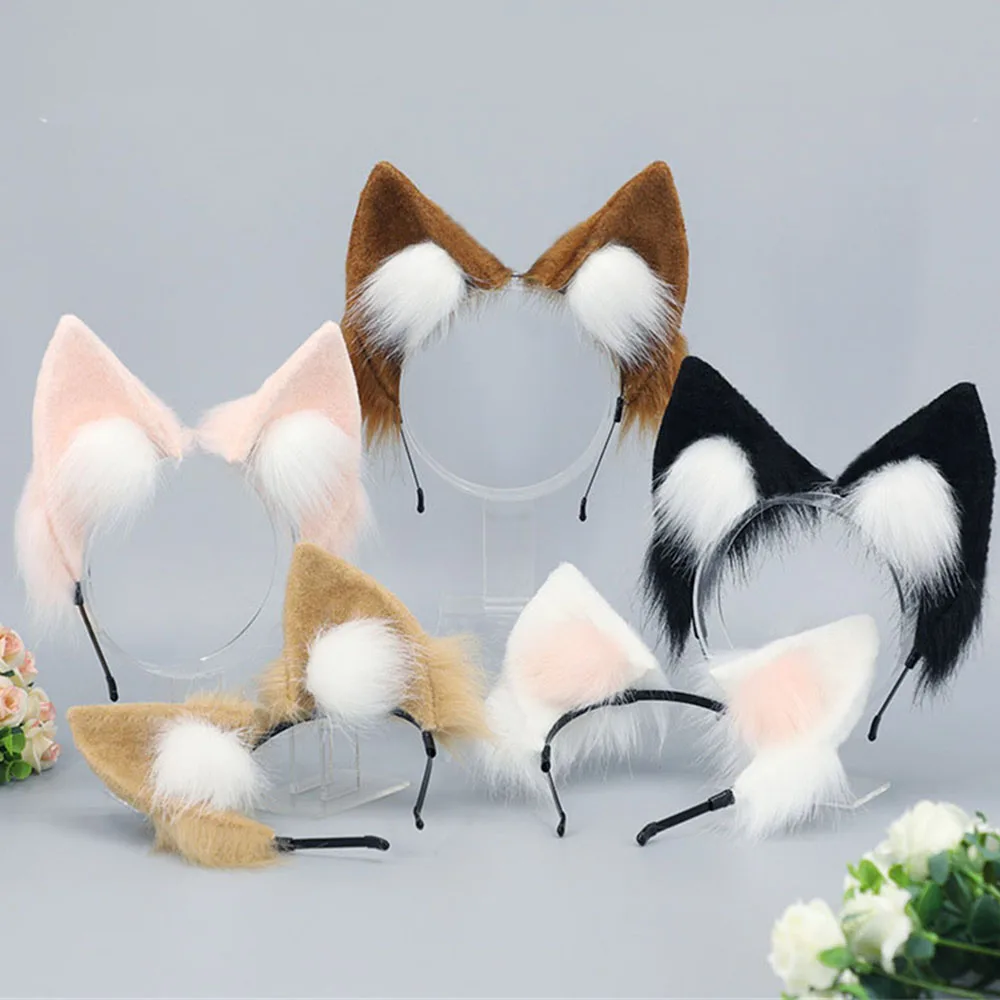 

Повязка на голову с кошачьими ушками в японском стиле аниме Лолита, аксессуары для косплея на Хеллоуин, искусственный хвост Волка, лисы, пушистые головные уборы