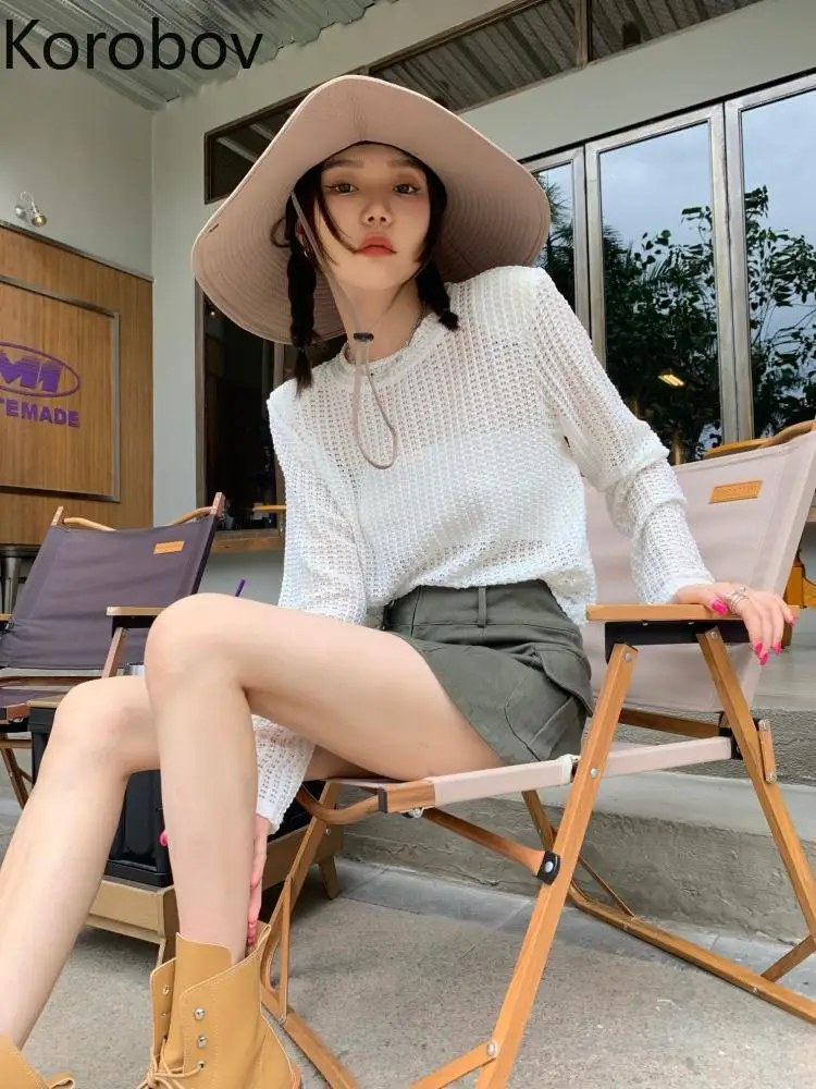 

Korobov Summer Vintage Thin Hollow Out Long Sleeves Knitting Top Sun Protection Loose Chic Solid Color Fashion Tops 2022 Women