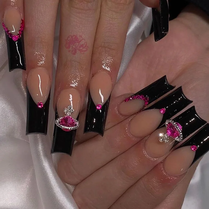 

Long French Ballerina Full Cover Fake Nails Art Tools Press On Nails Coffin Black Gradient False Nail Tip Rhinestone Design