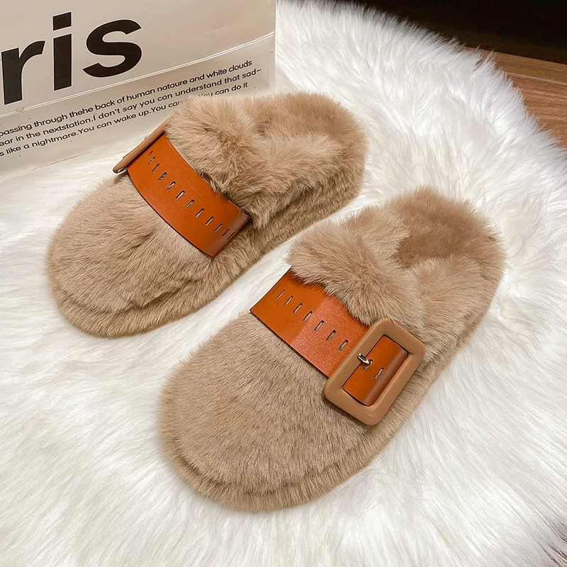 

2023 Spring and Autumn New Fashion Round Head Colored Belt Buckle Women Fur Half Slippers Comfortable Women's Flat Shoes