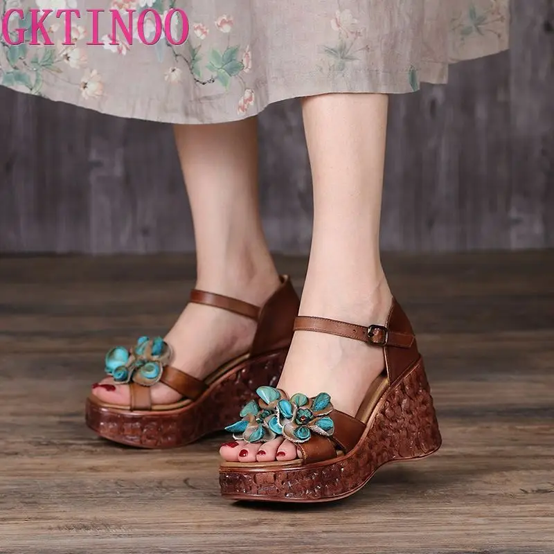 

GKTINOO Genuine Leather Retro High Heels Sandals Women Shoes Buckle Strap 2023 New Spring Summer Wedges Lady Platform Sandals
