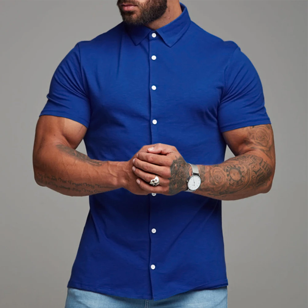 Summer Men's Muscle Slim Business Work Shirt Casual Handsome Turndown Collar Short Sleeve Shirts Men Soild Dress Shirt Tops