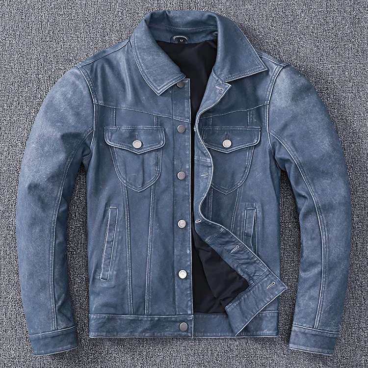 

YR!Free shipping.classic casual leather jacket.men leather jacket.vintage sheepskin coat.blue genuine leather clothing.