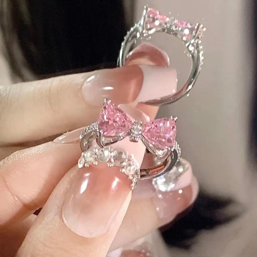 

New Fashion Trend Unique Design Elegant Delicate Pink Zircon Bow Knot Ring Women Jewelry Wedding Party Premium Gift Wholesale
