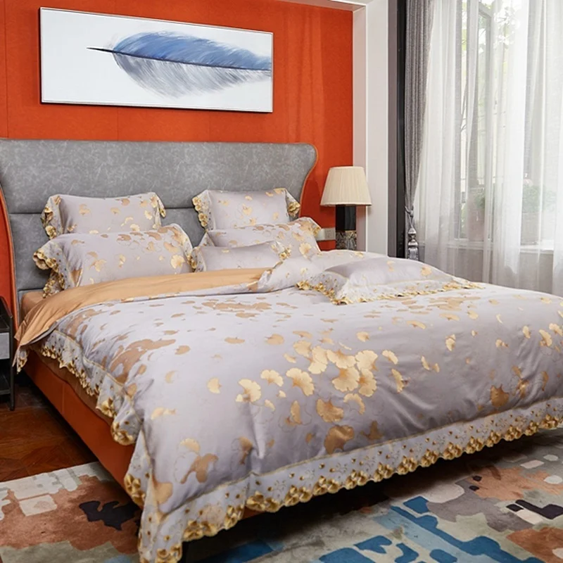 

Luxury Soft Cozy Egyptian Cotton Gold Ginkgo Biloba Yarn Dyed Jacquard Bedding Set Silky Duvet Cover Bed Sheet Pillowcases 4Pcs