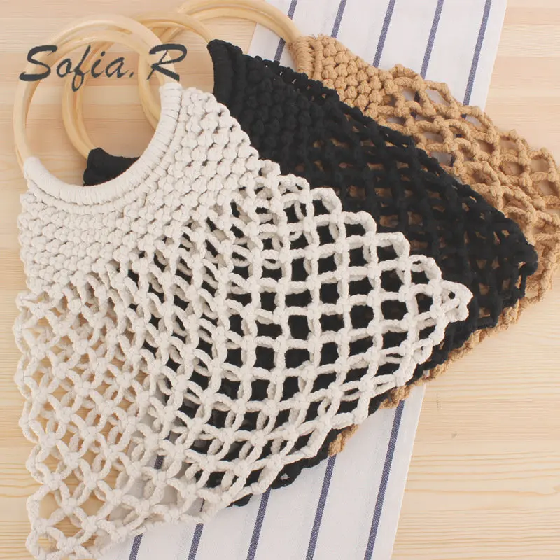 

Summer Straw Woven Bag Handmade Cotton Rope Mesh Beach Bag New Solid Color Portable Solid Color Woven Bag for Female