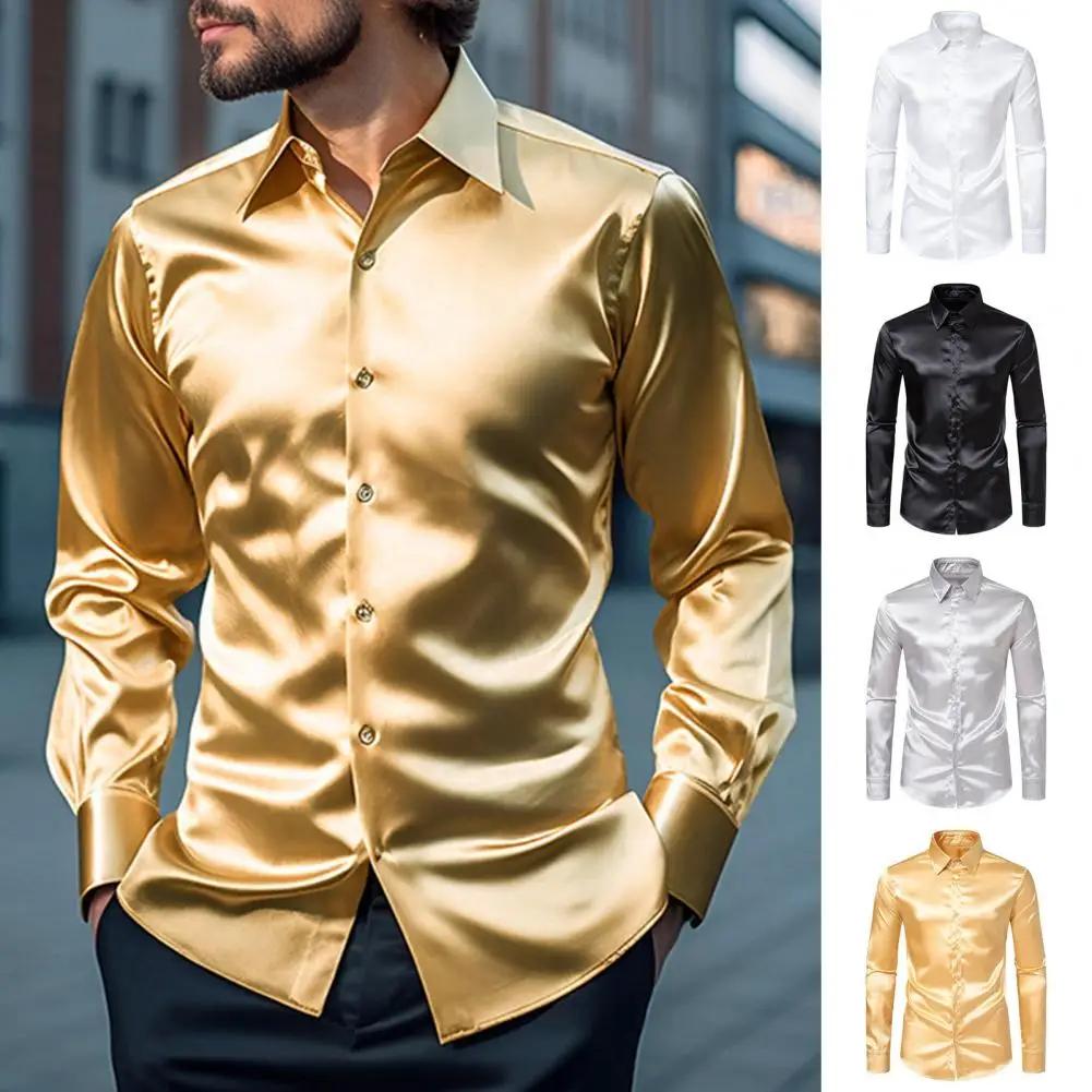 

Men Long Sleeve Shirt Stylish Men's Silk-like Satin Shirts Long Sleeve Slim Fit Button Down Business Formal Attire for A