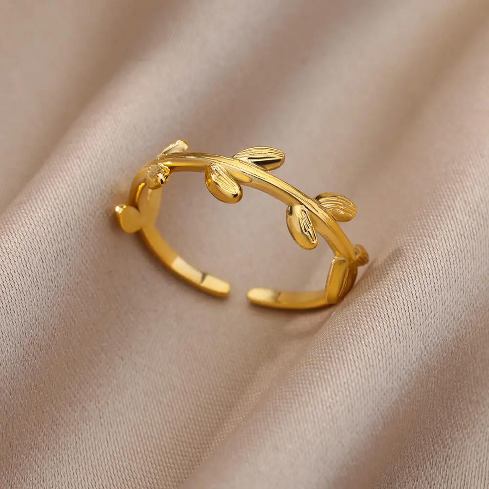 

Stainless Steel Leaf Rings For Women Gold Color Open Engagement Wedding Party Ring Female Fashion Finger Jewelry Birthday Gift
