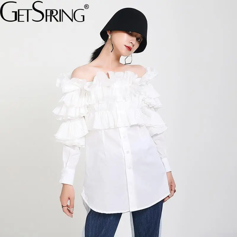 

Getspring Women Shirt Ruffle Patchwork Slash Neck Cotton White Blouse Tops Long Sleeve Off Shoulder Sexy Tops Women 2022 New