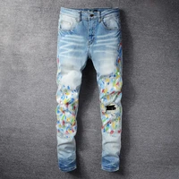 graphic custom pants colorful painted zipper jeans for men european slim socks motorcycle pantalon homme
