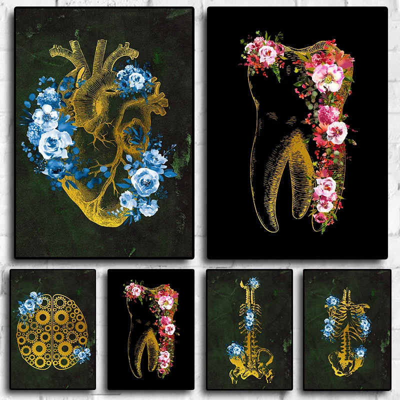 

Anatomical Skeleton Flower Chalkboard Poster Aesthetic Medicine Watercolor Canvas Painting For Wall Art Mural Medical Room Decor