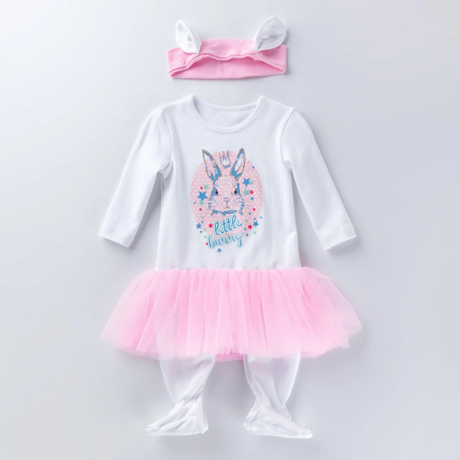 

12 24 Months Newborn Infant Baby Girls Footies Rompers Easter Rabbit Spring Long Sleeve Bodysuit Patchwork Tulle Bunny Rompers