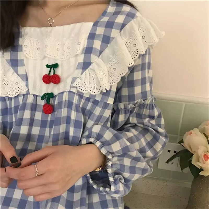 

Пижамный топ с бантом, домашняя одежда, пижама, Женская Весенняя уютная Повседневная Пижама, комплект из 2 предметов, милый женский клетчатый пижамный комплект с большими рукавами