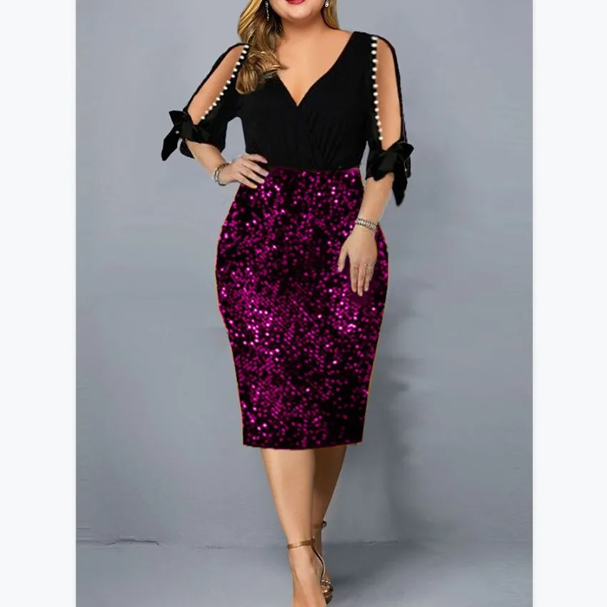 

Plus Size Women Dress Sequin Beading Autumn Office Lady Patchwork Slim Lantern Sleeve