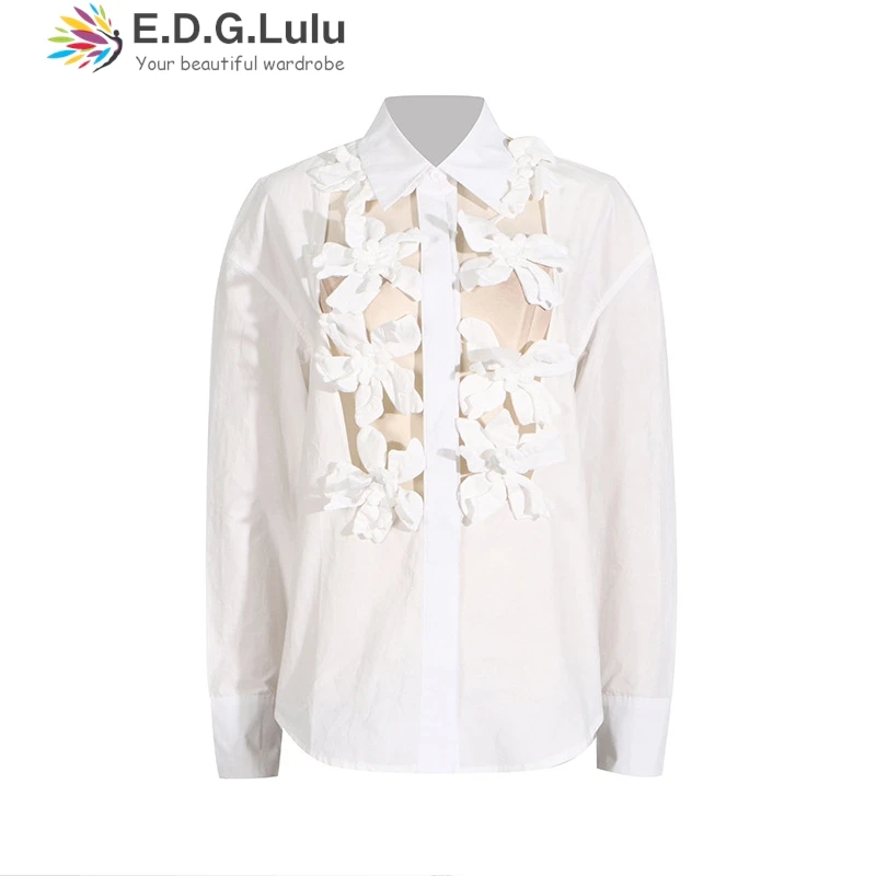 EDGLuLu белая блузка с отложным воротником и длинными рукавами женская однобортная