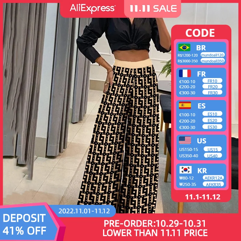 

Spring Elegant Office Lady 2pcs Set Women V Neck Long Sleeve Knot Blouse+Geometry Print Pants Outfits Autumn Wide Leg Pants Suit