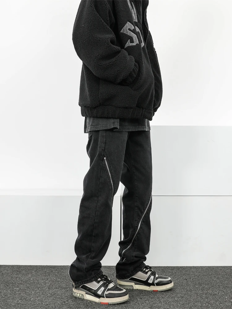 American Street Clothing Zipper Design Black Jeans Loose Straight Bar Wild Zipper Design Feel Casual Pants Hiphop Trousers MEN
