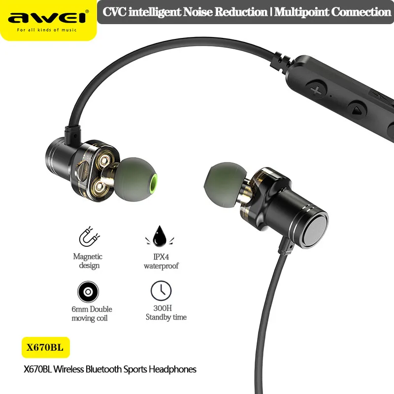 

Awei X670BL Magnetic Wireless Bluetooth Earphones in-ear Neckband Headphones Mini Earbuds Handsfree HiFi Music Sports Headset