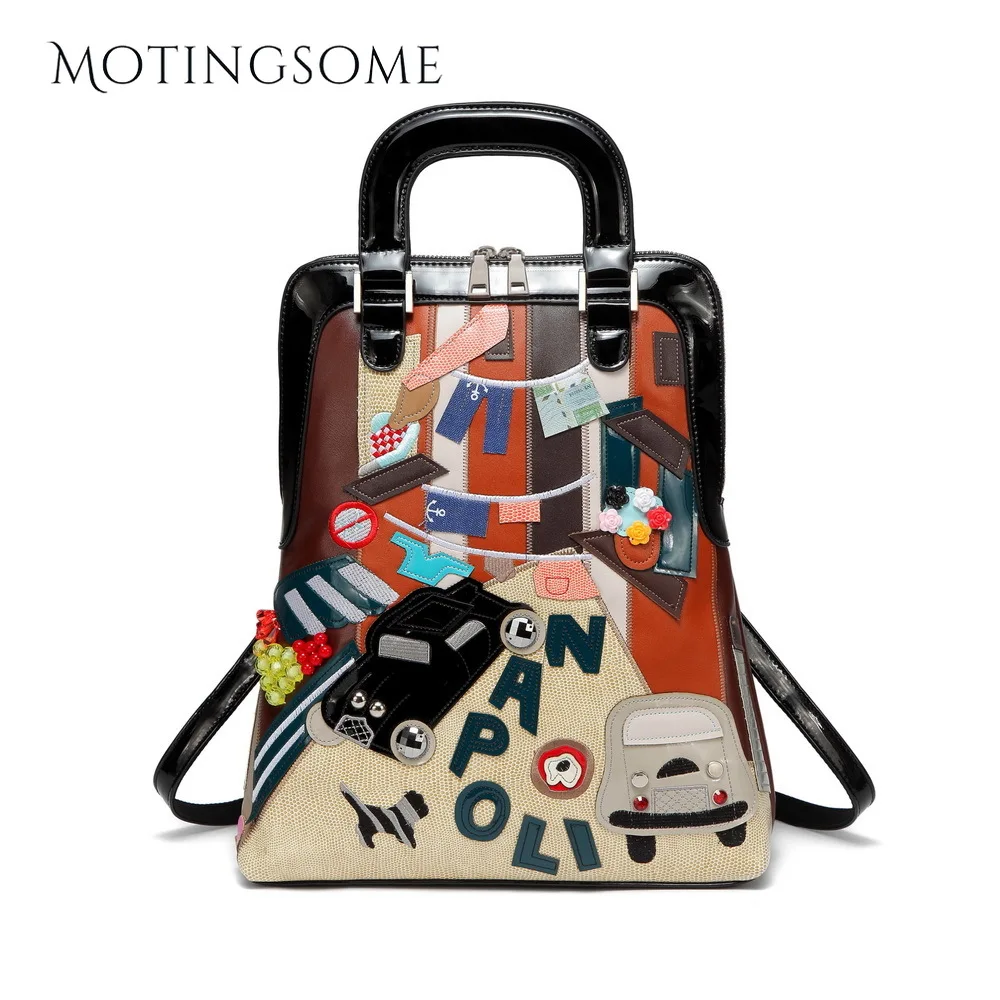 Женский рюкзак в национальном стиле кожаный с вышитым рисунком автомобиля милый
