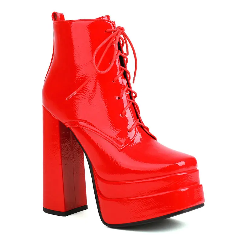 

Ботильоны женские из лакированной кожи на платформе, теплые зимние туфли-лодочки в готическом стиле, на высоком блочном каблуке, со шнуровкой, большие размеры 34-48