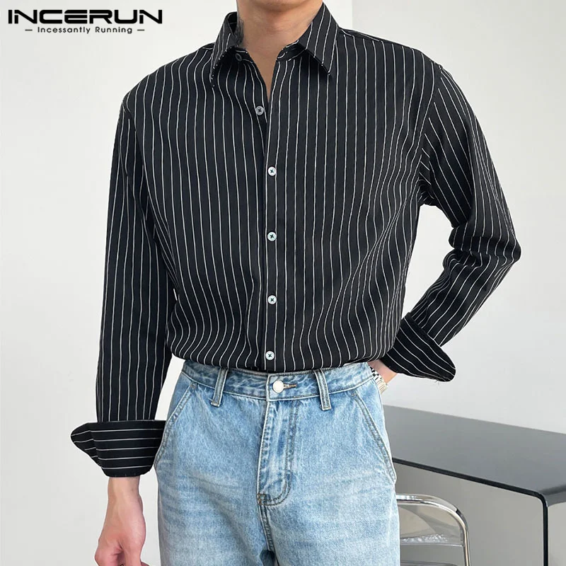 

Korean Style New Men's Striped Casual Blouse Fashion Streetwear Male Hot Sale Long Sleeved Lapel Shirts S-5XL INCERUN Tops 2023