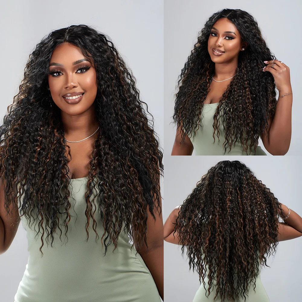 

Парик Синтетический со светлыми единорогами на сетке спереди, длинный кудрявый, черный, хайлайтер, коричневый, средняя часть для женщин, тер...