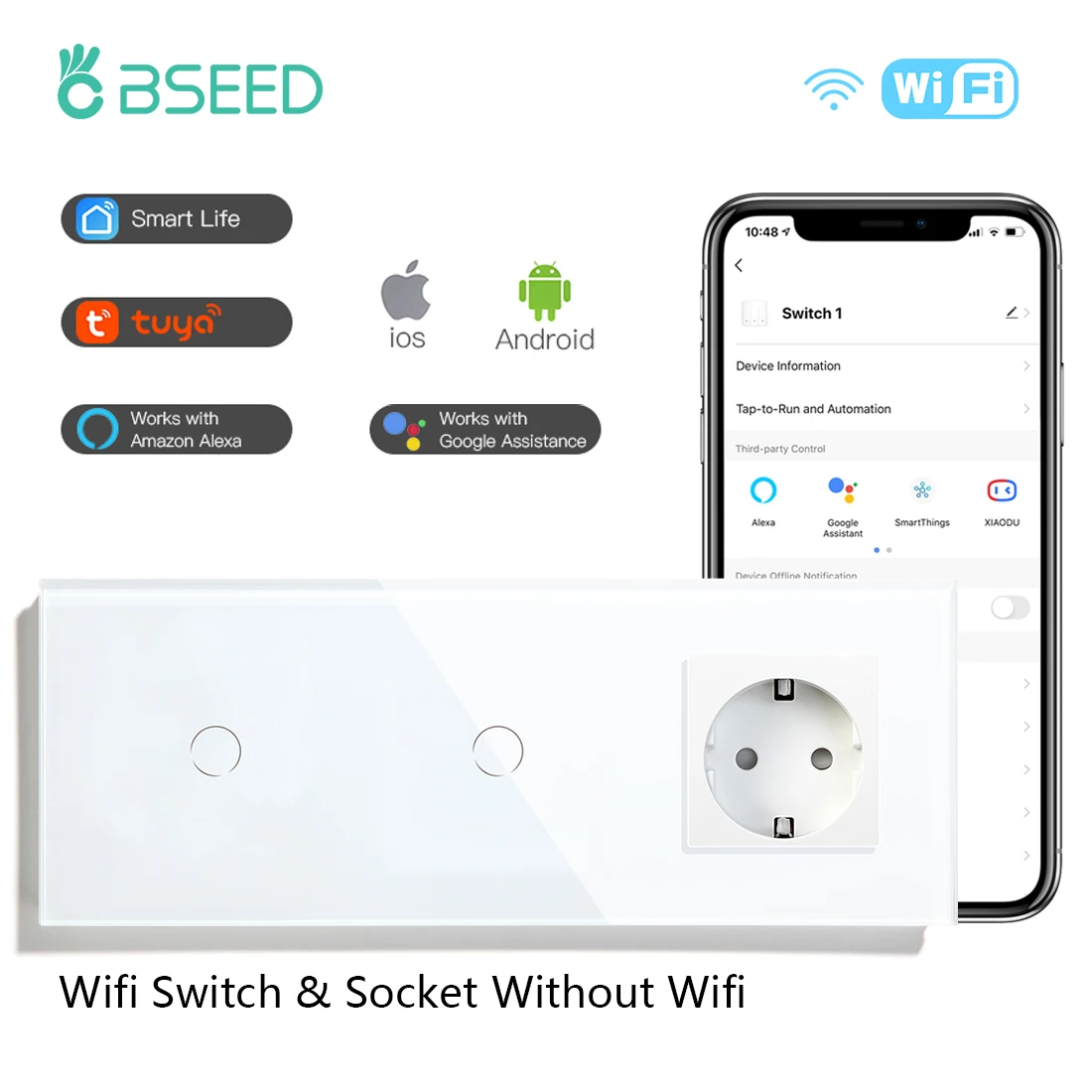 Настенные сенсорные переключатели BSEED с двойным Wi-Fi, 1/2/3 клавиши, 1/2/3 розетки ЕС без Wi-Fi, умные Настенные переключатели Google Alexa с управлением через приложение