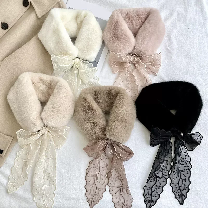 

New Fashion Soft Women Faux Rabbit Fur Collar Scarf Plush Neck Warmer Winter Shawl Wrap Girl Lace Ribbon Neckerchief