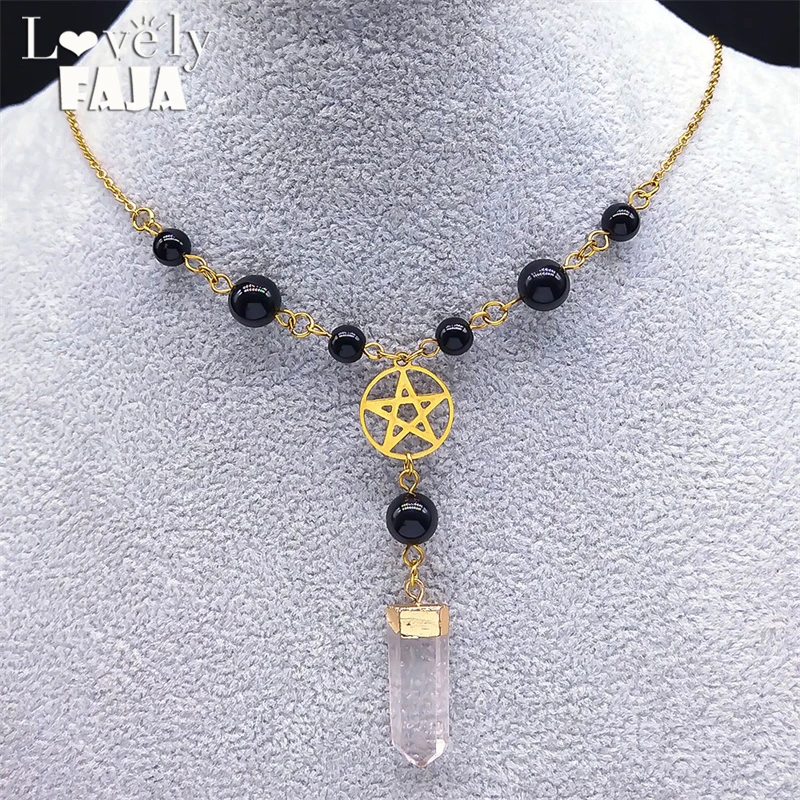

Wiccan Crystal Necklace Gothic Beaded Pentagram Mystical Necklace Goth Statement Pendant Witchcraft Punk Jewelry for Women Gift