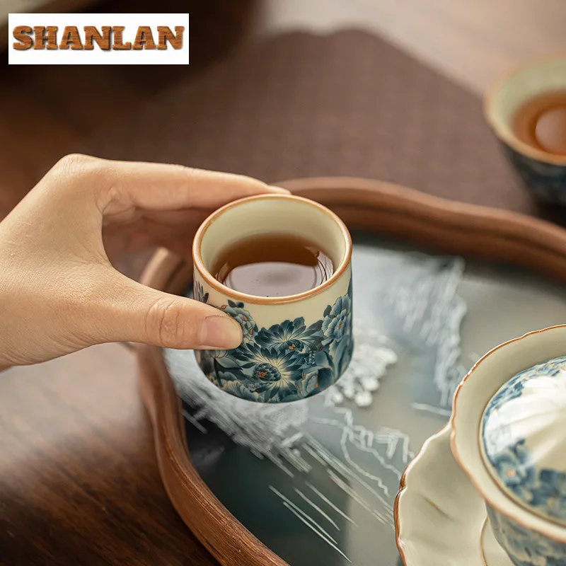 Ru Kiln Сине-Белая Крышка Чаша Набор Дзен Керамический Чайный Кликс С Тарелкой