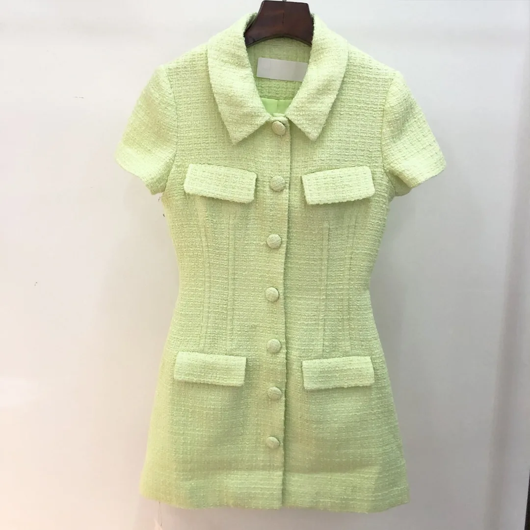 

Новинка весна-лето 2023, маленькое приталенное платье из твида с фруктами и благовониями для девушек, зеленое шерстяное платье